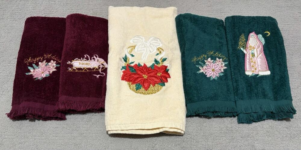 Hand Towel Christmas Lot (5) Satin Embroidered Victorian Saturday Knight Vintage